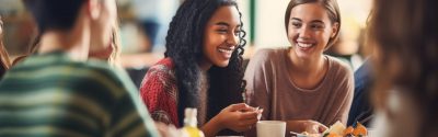 Two young girls smiling as they eat together