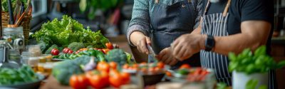 Two people preparing tomatoes for a salad